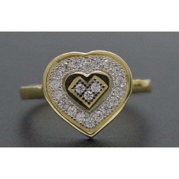 Real 10K Solid Yellow Gold Shiny Double Heart CZ Ring 2.7gr All Sizes - Picture 1 of 6